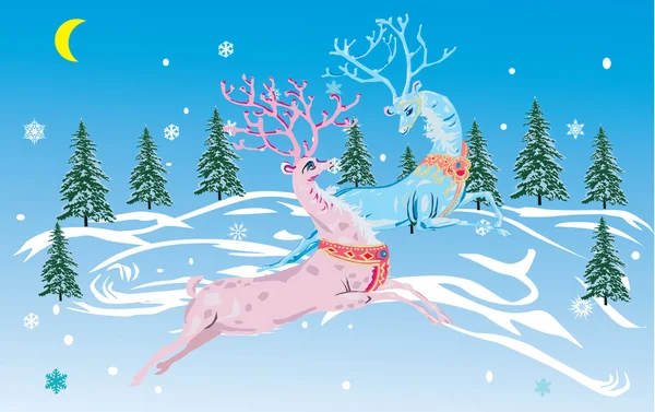 Night and Christmas fantasy deers — Stock Vector