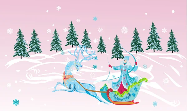 Pink illustration with woman on sleigh — Stock Vector