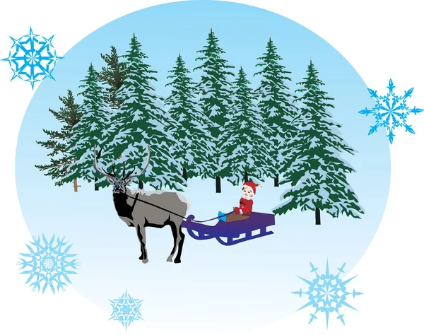 Boy on sleigh with deer — Stock Vector