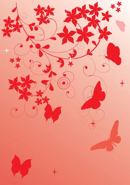 Ilustración de primavera roja con mariposas — Vector de stock