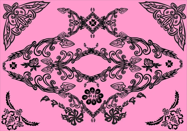 Zwart op roze gekrulde ornament — Stockvector