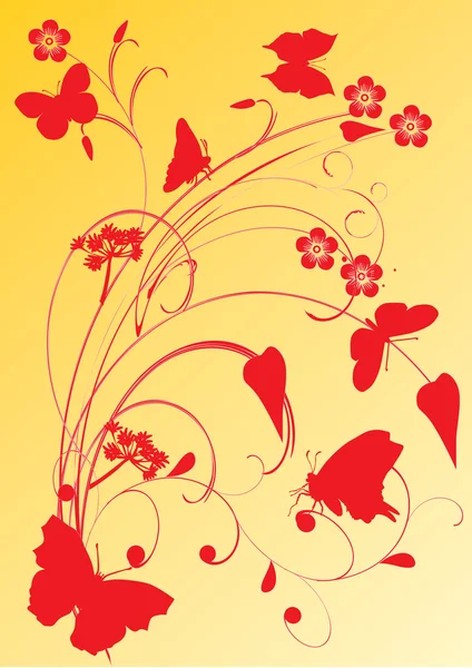 Czerwone i żółte ilustracja z motylami — Wektor stockowy