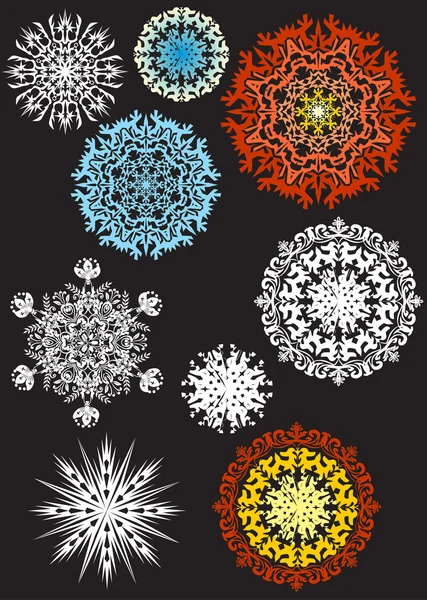 Color snowflakes on black — Stock Vector
