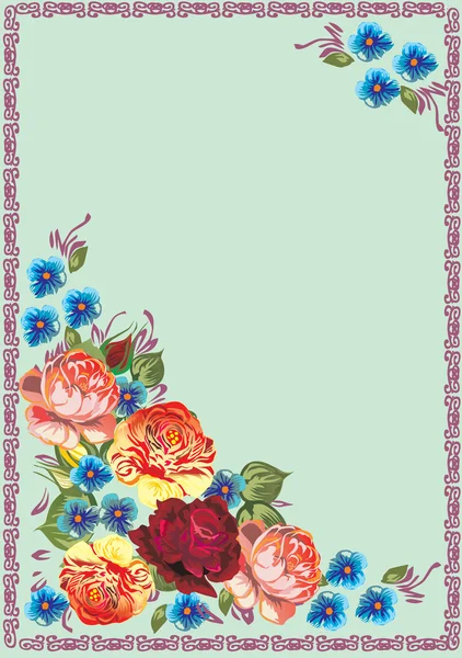 Rosa decorazione cornice su blu — Vettoriale Stock