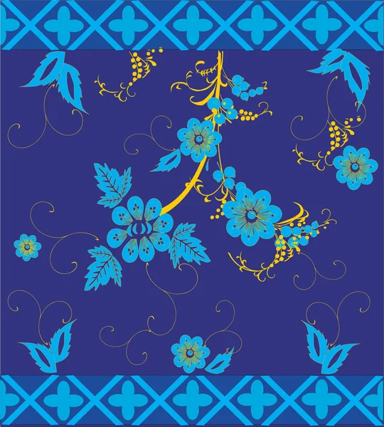 Blauwe en gouden bloemen op blauw — Stockvector