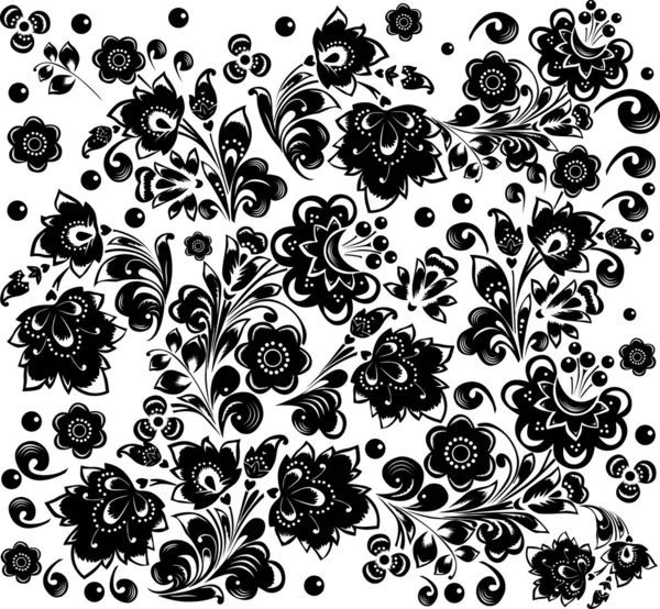 Foglie e fiori modello nero — Vettoriale Stock