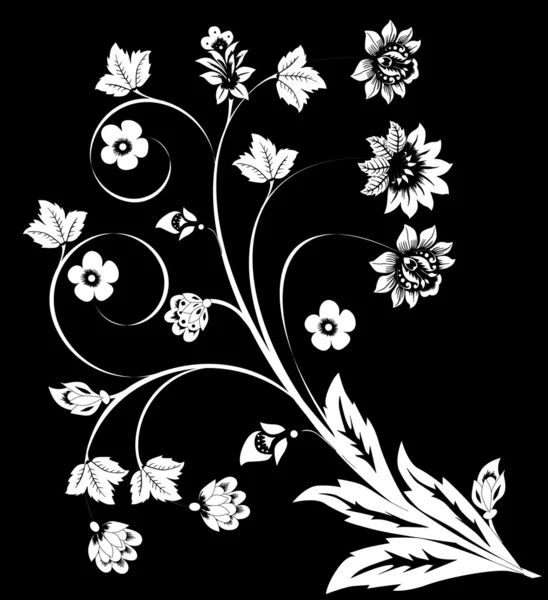 Blanco sobre rizos de flores negras — Vector de stock