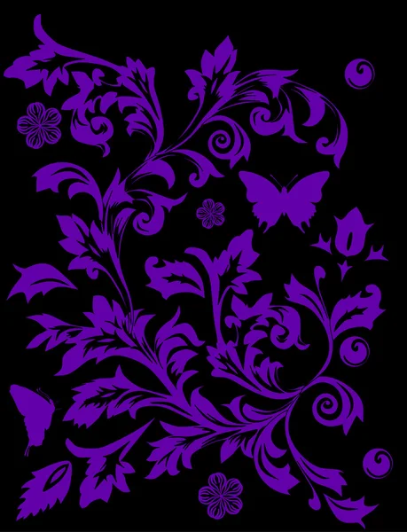 Mariposa púrpura y diseño de follaje — Vector de stock