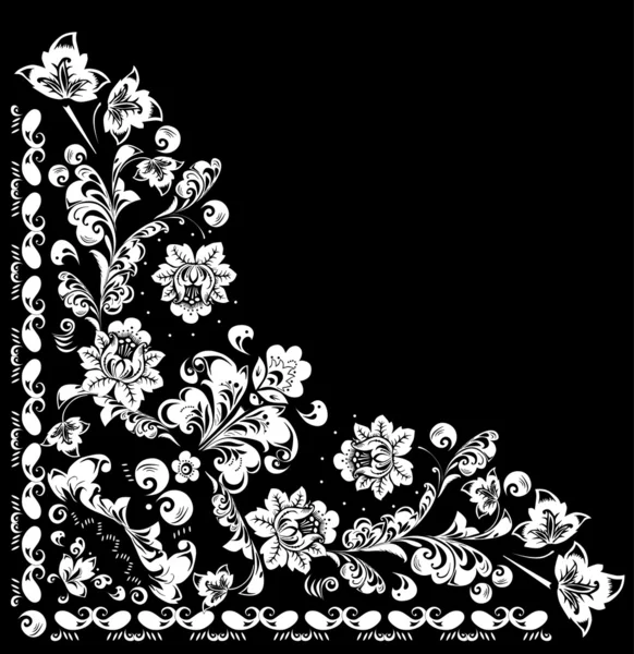 Esquina flor blanca en negro — Vector de stock