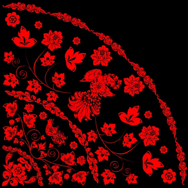 红色角落装饰与鸟 — 图库矢量图片