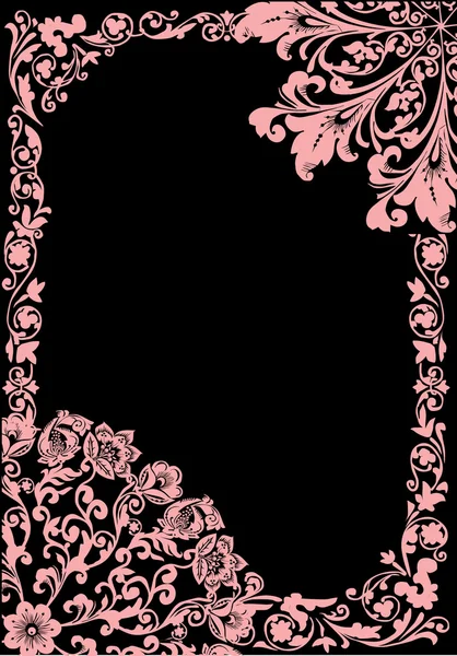 Cornice di fiori rosa con riccioli su nero — Vettoriale Stock