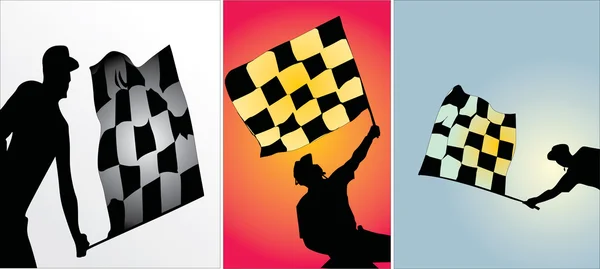 Drie scheidsrechter en vlag silhouetten — Stockvector