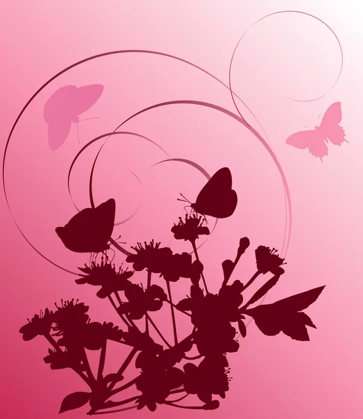 Cerejeira rosa escura e borboletas — Vetor de Stock