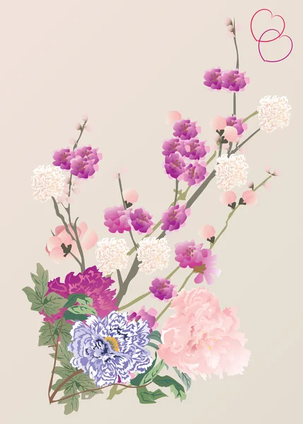 Вишневые цветы и пион — стоковый вектор