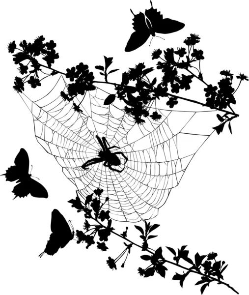 Flores, borboletas e aranha — Vetor de Stock