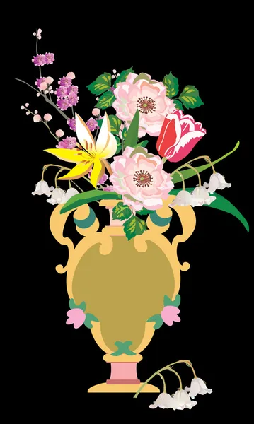 Sekelompok bunga dalam vas pada hitam - Stok Vektor