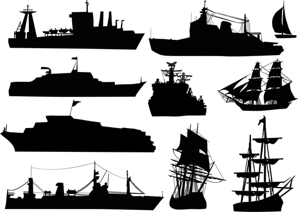 Ten ship silhouettes — Stock Vector