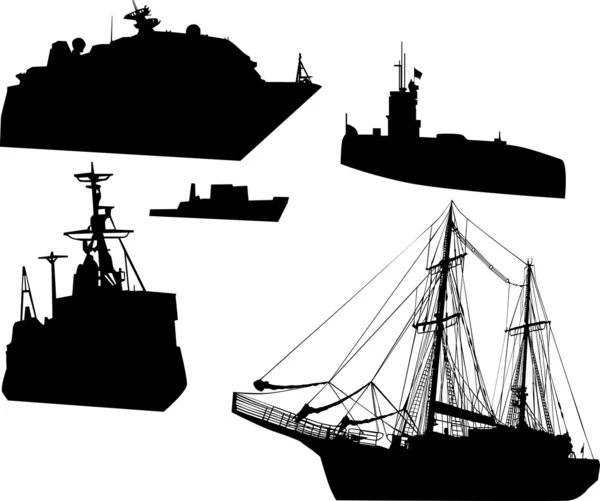 Fem fartyg silhuetter — Stock vektor