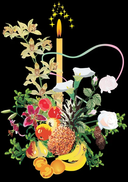 Κερί, λουλούδια και φρούτα — Διανυσματικό Αρχείο