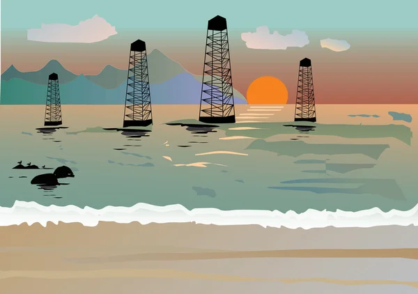 Derrickes pétroliers en mer — Image vectorielle