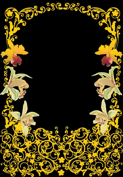 Жовта кругла рамка з орхідеями — стоковий вектор