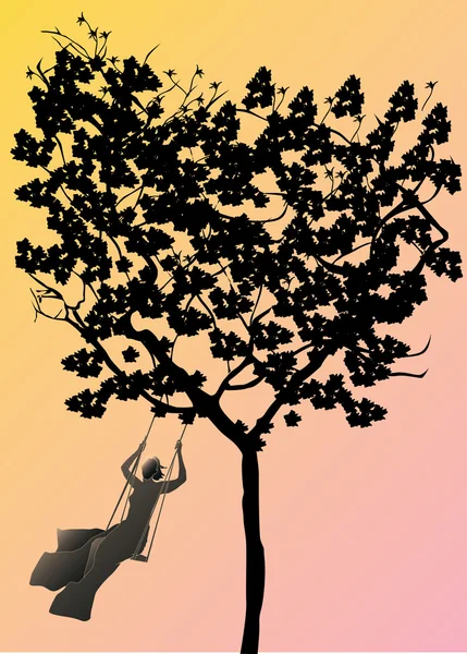 Grote boom en meisje op schommel — Stockvector
