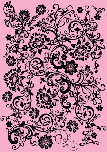 Disegno floreale nero su rosa — Vettoriale Stock
