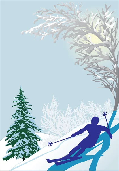 Skier silhouette in snow forest — Stock Vector
