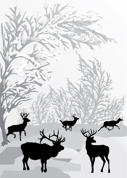 Зимовий пейзаж з оленями — стоковий вектор