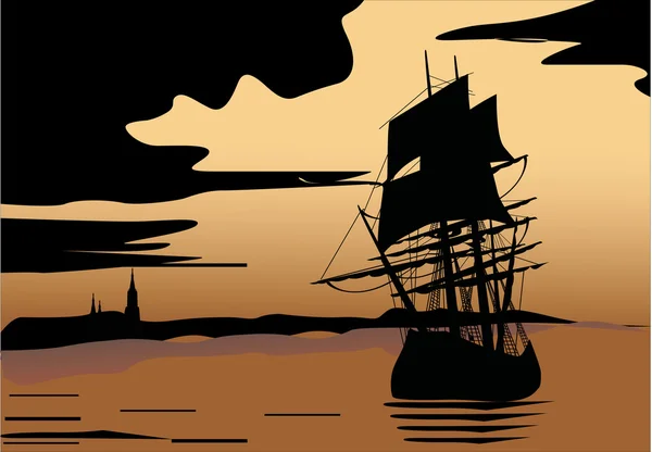 Brun solnedgång fartyget siluett — Stock vektor