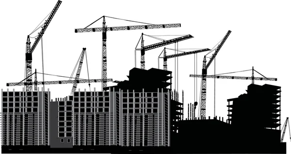 Nine cranes and building — Stock Vector