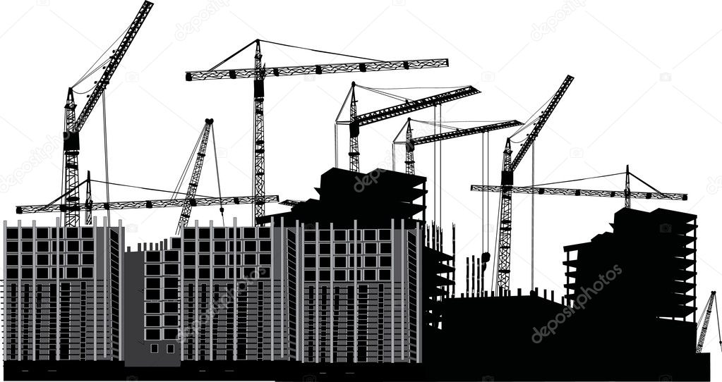 nine cranes and building