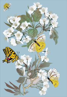 herry tree flowers and yellow butterflies clipart