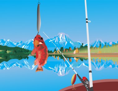 hooked fish and mountain landscape clipart