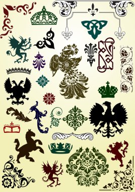 heraldic animals and ornaments set clipart