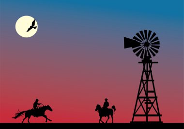 two cowboys at sunset clipart