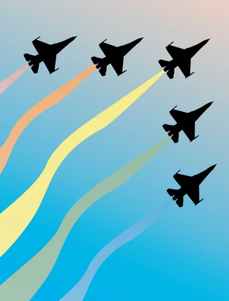 Vijf vliegtuigen silhouetten in lucht — Stockvector