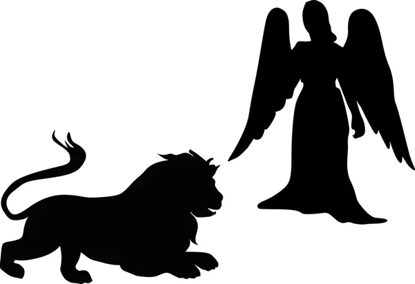 Aslan ve angel silhouettes — Stok Vektör