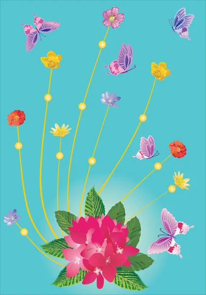 Roze vlinders en bloemen op blauw — Stockvector