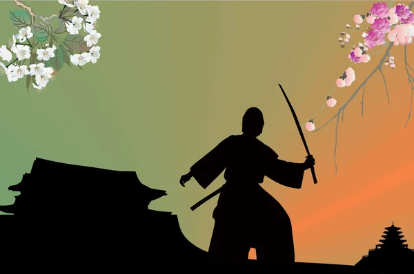 Samurai und Kirschbaumzweige — Stockvektor
