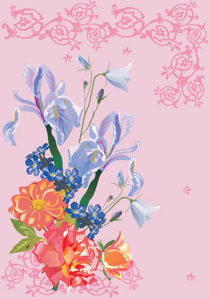 Iris bouquet on pink background — Stock Vector