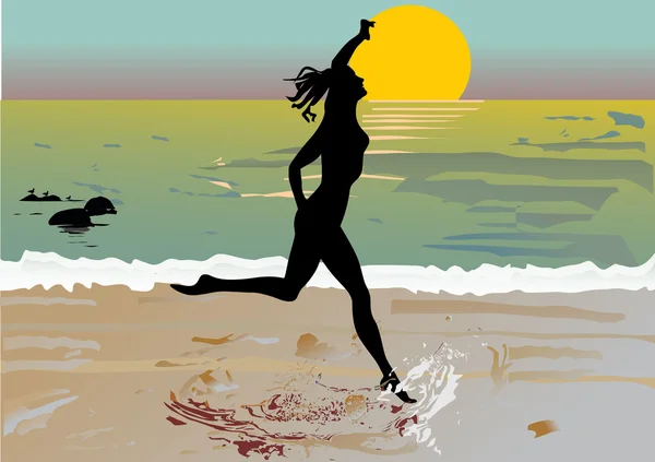 Corriendo cerca de chica del mar — Archivo Imágenes Vectoriales