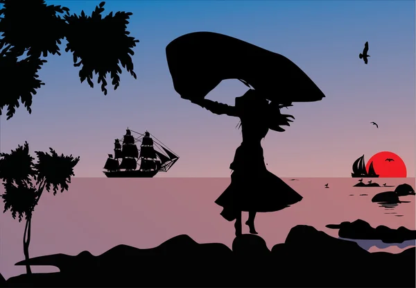 Дівчина біля моря з кораблями — стоковий вектор