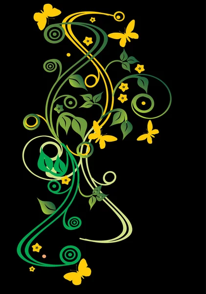 Plantas verdes y mariposas amarillas sobre negro — Vector de stock