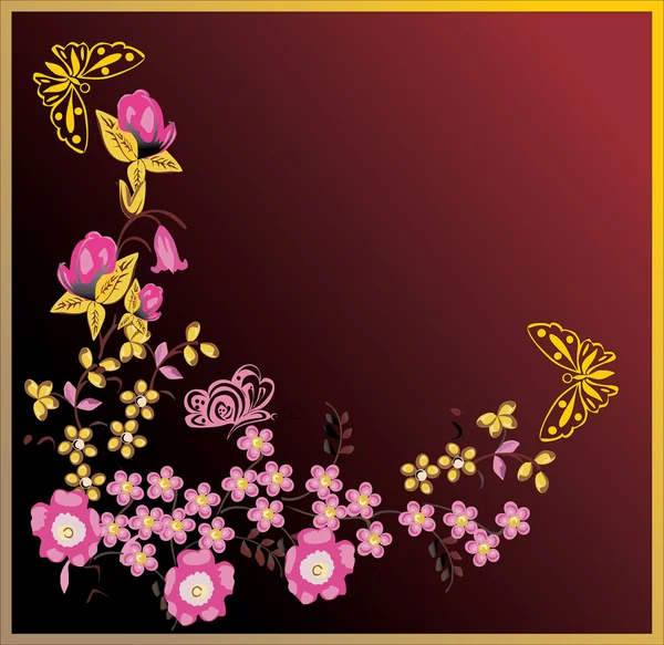Mariposas convencionalizadas y flores rosadas — Archivo Imágenes Vectoriales