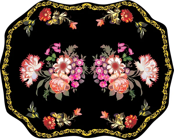 Flor rosa decoración en marco de oro — Vector de stock