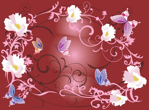 Fleurs blanches et papillons sombres — Image vectorielle