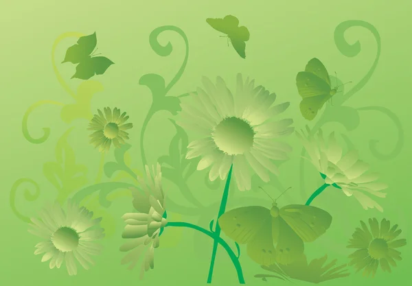 Grüne Silhouetten von Schmetterlingen in Blumen — Stockvektor
