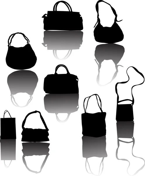 Handtaschensilhouetten mit Spiegelung — Stockvektor