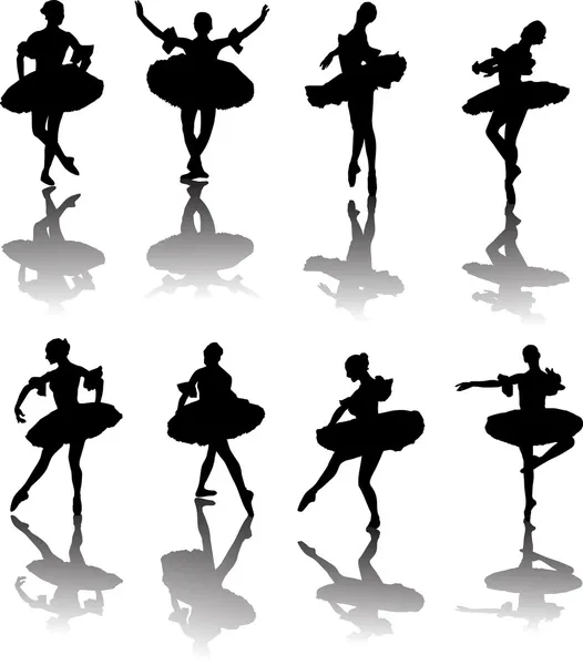 Ocho bailarines de ballet con reflexión — Vector de stock